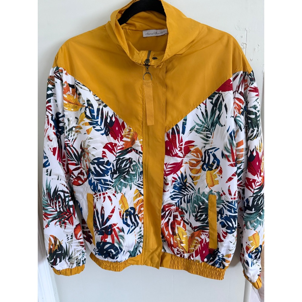 Keren Hart WomensTropical Leaf Print Windbreaker‎ JacketYellowSmall ACJ-J-000190
